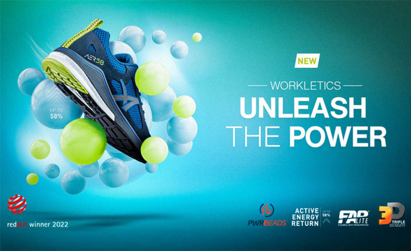 Werbegrafik für den Sicherheitsschuh ‚AER58‘ aus der Linie ‚Workletics‘ von Albatros. Der Schuh schwebt dynamisch zwischen farbigen Kugeln mit dem Slogan ‚Unleash the Power‘ und dem Hinweis auf bis zu 58 % Energierückgabe.