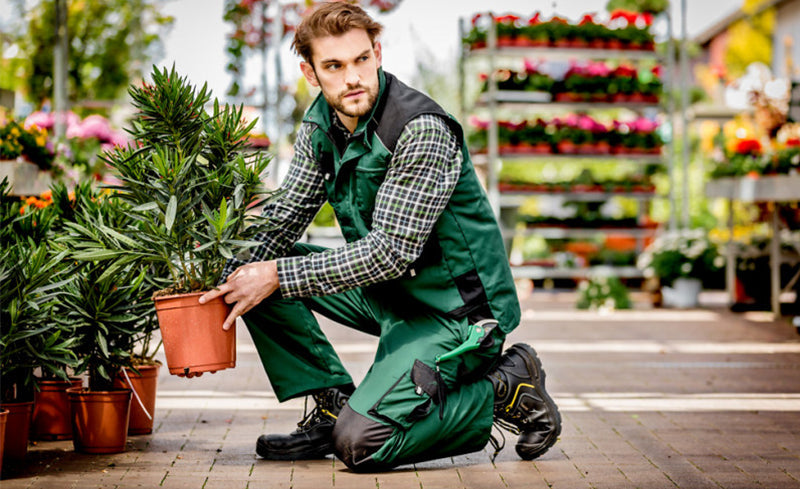 Gärtner in grüner Arbeitskleidung von Albatros kniet zwischen Pflanzen und prüft einen Topf mit Strauch im Gartencenter.