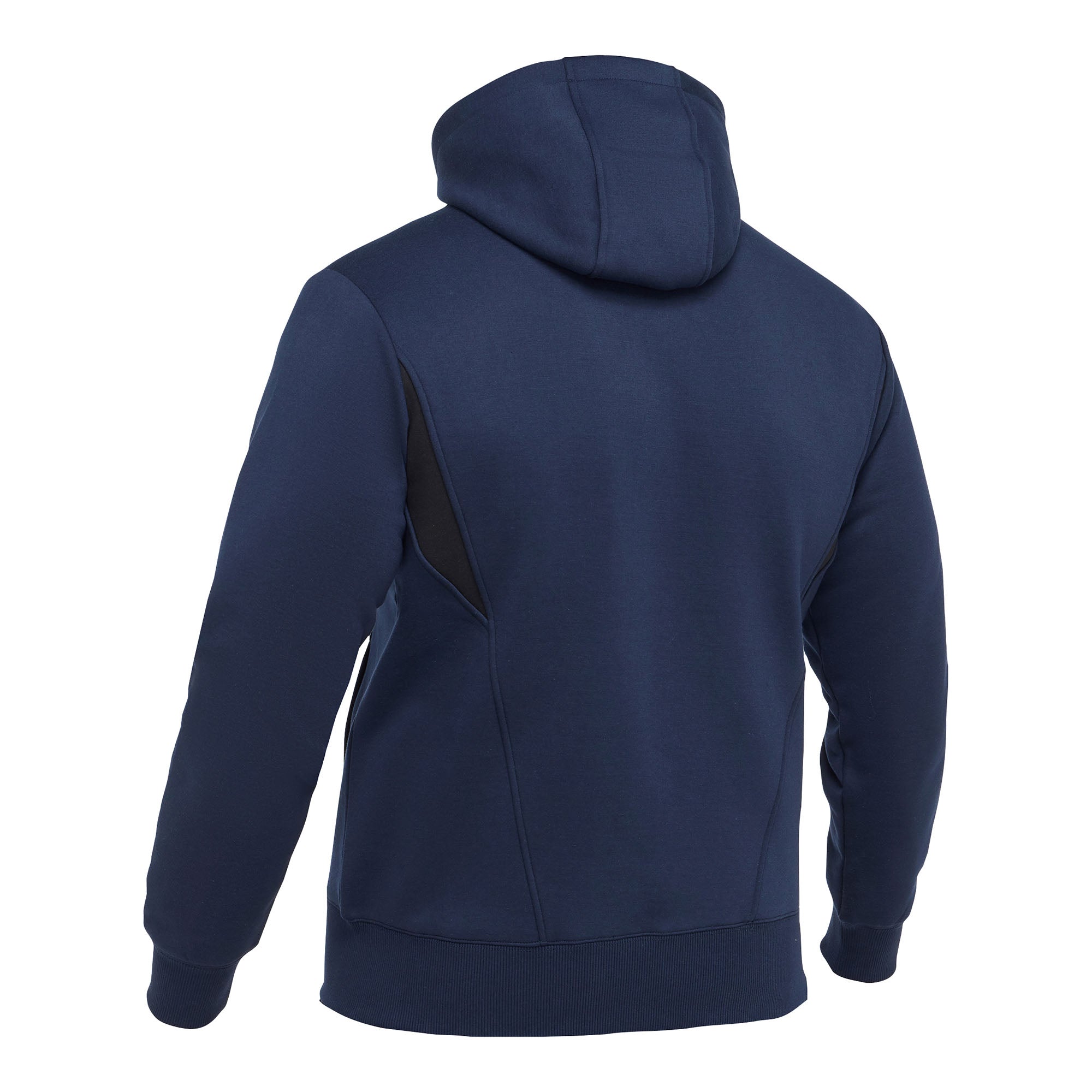 RAWSON TWO-TONE JKT BISLEY Zip Hoodie in Dunkelblau mit schwarzen Einsätzen, von hinten fotografiert. Der Hoodie hat eine Kapuze, lange Ärmel und elastische Bündchen an Ärmeln und Saum.