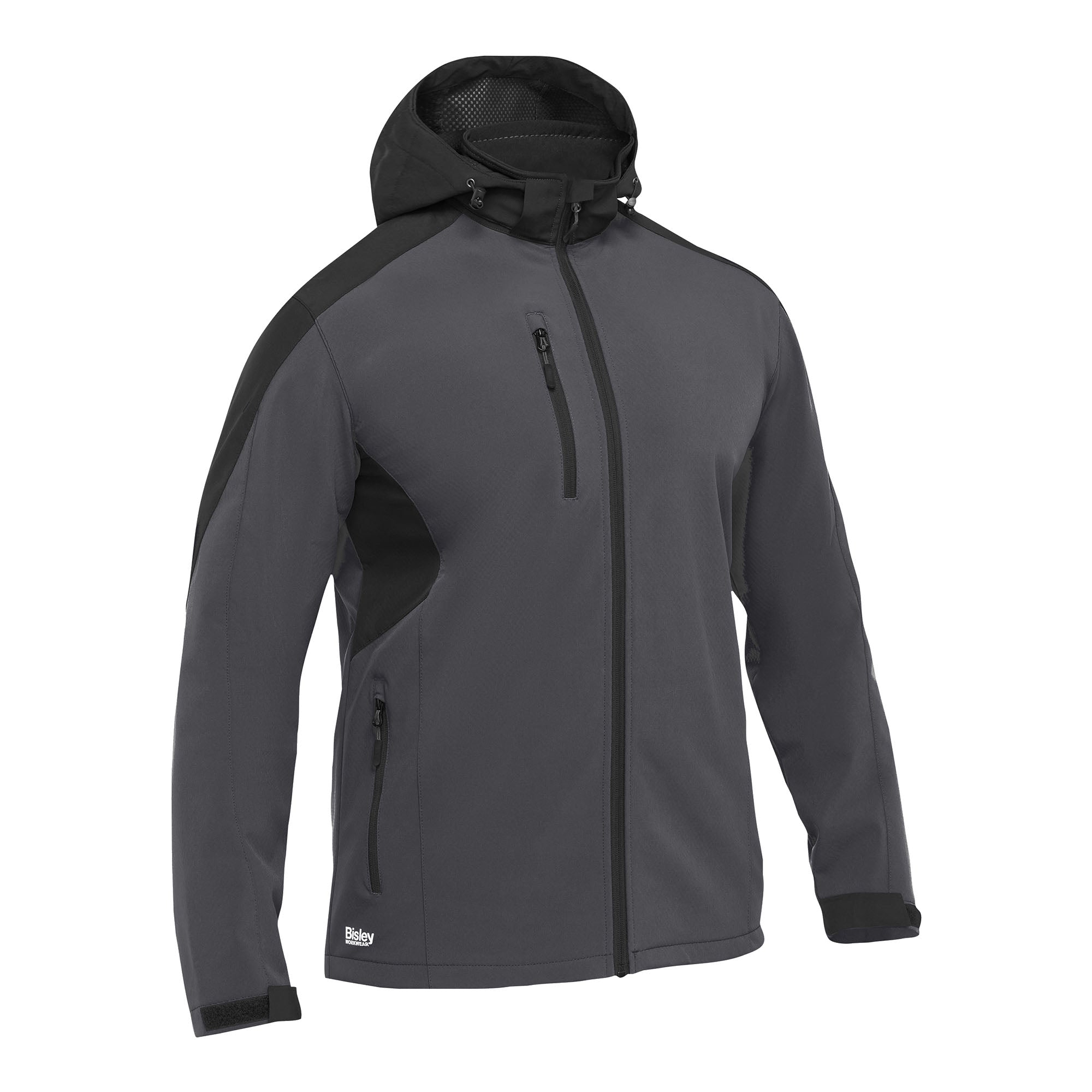 BISLEY Hicks Softshelljacke grau Vorderansicht (mit Kapuze) #farbe_grau
