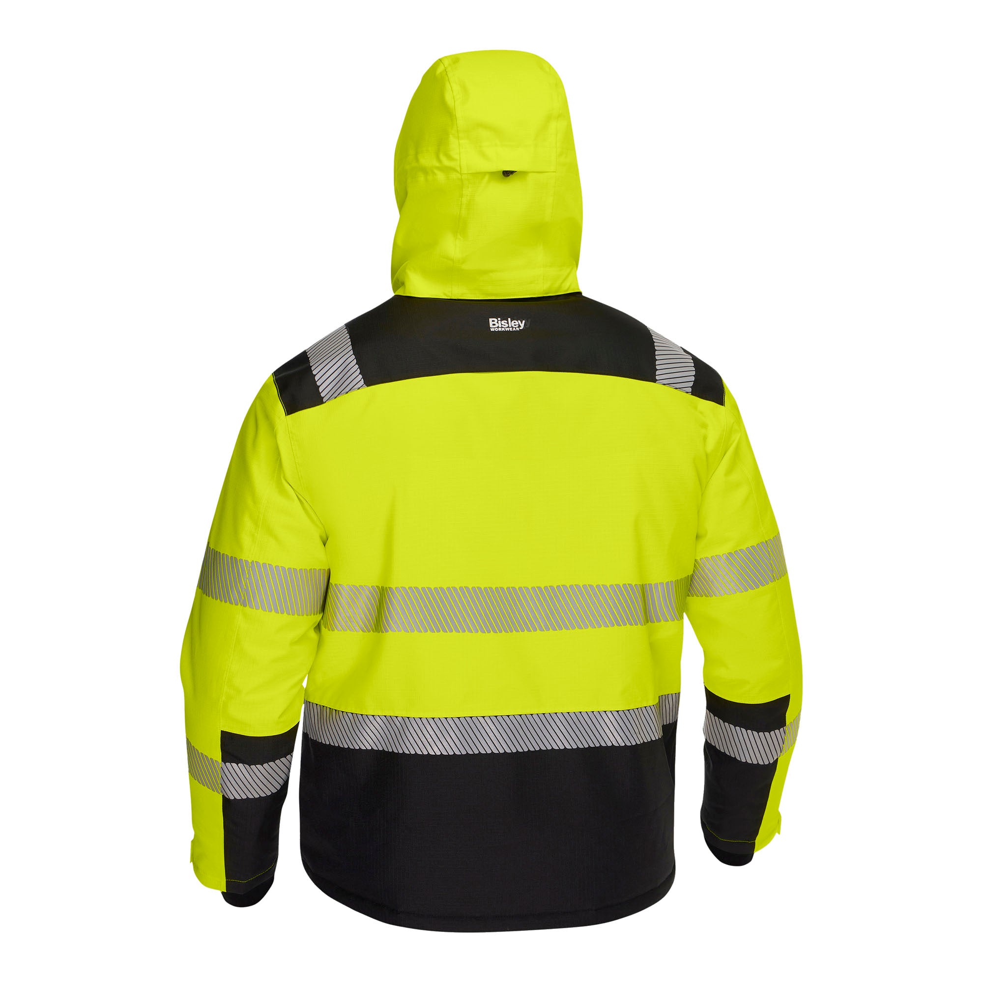 BISLEY MALCOM HI VIS Regenparka gelb Herren Rückansicht Kapuze #farbe_gelb