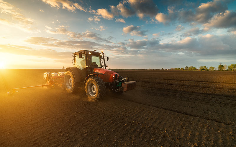 Traktor bei der Feldarbeit im Sonnenuntergang.