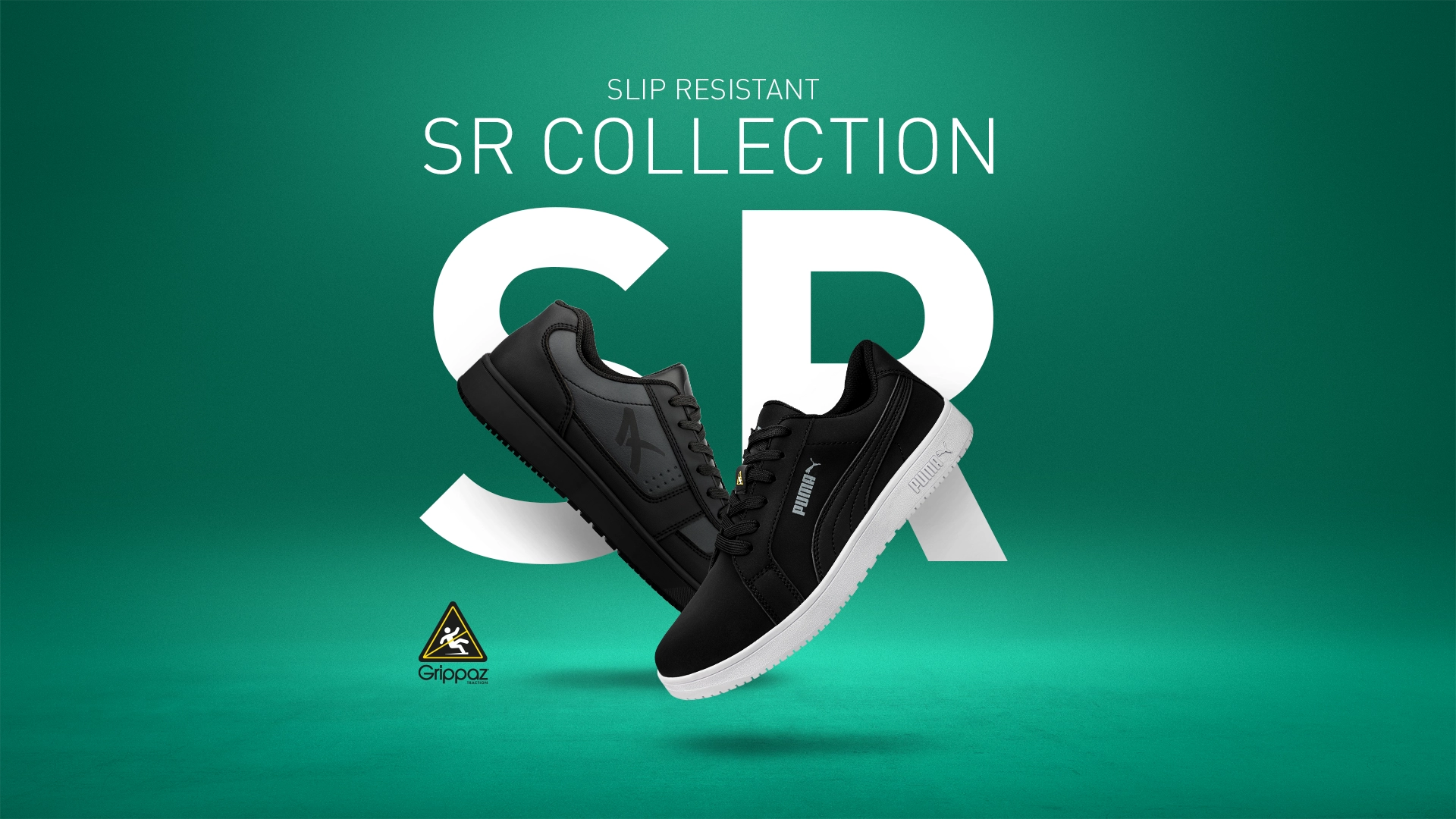 Zwei schwarze Berufsschuhe O2 auf grünem Hintergrund: links der ALBATROS SQUAD ST BLK LOW, rechts der PUMA SAFETY STELLAR ST BLK LOW mit weißer Sohle, aus der rutschfesten SR Collection