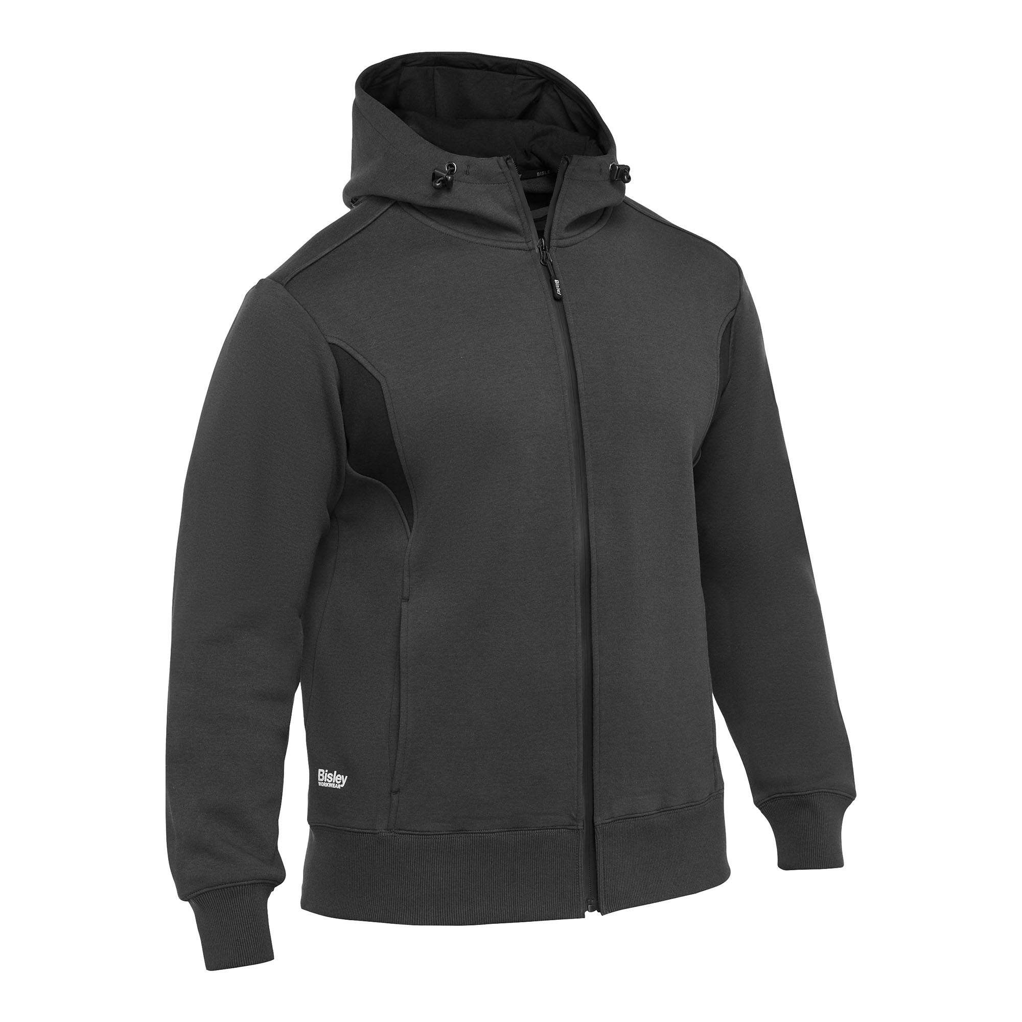 RAWSON TWO-TONE JKT BISLEY Zip Hoodie in Schwarz mit dunklen Einsätzen an den Seiten. Der Hoodie hat eine Kapuze mit Kordelzug, durchgehendem Reißverschluss, langen Ärmeln sowie elastischen Bündchen an Ärmeln und Saum.