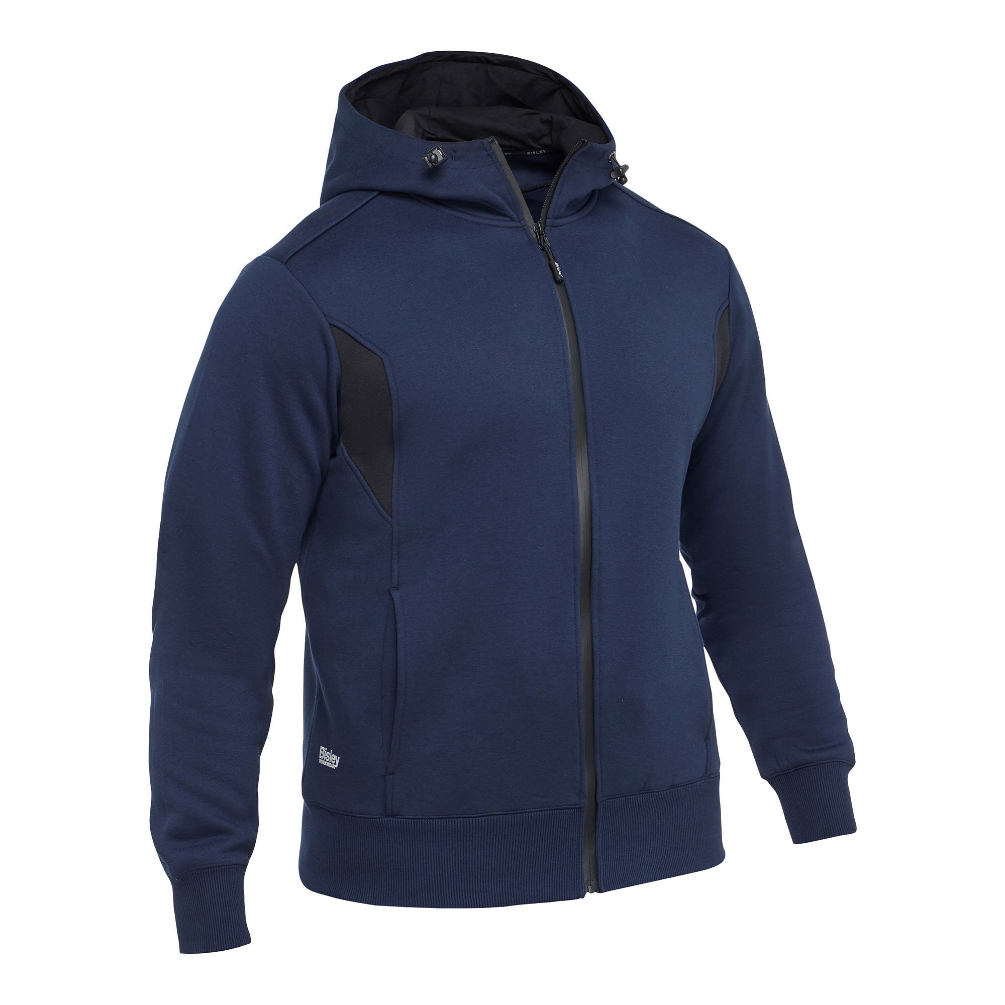 RAWSON TWO-TONE JKT BISLEY Zip Hoodie in Schwarz mit dunklen Einsätzen an den Seiten. Der Hoodie hat eine Kapuze mit Kordelzug, durchgehendem Reißverschluss, langen Ärmeln sowie elastischen Bündchen an Ärmeln und Saum.