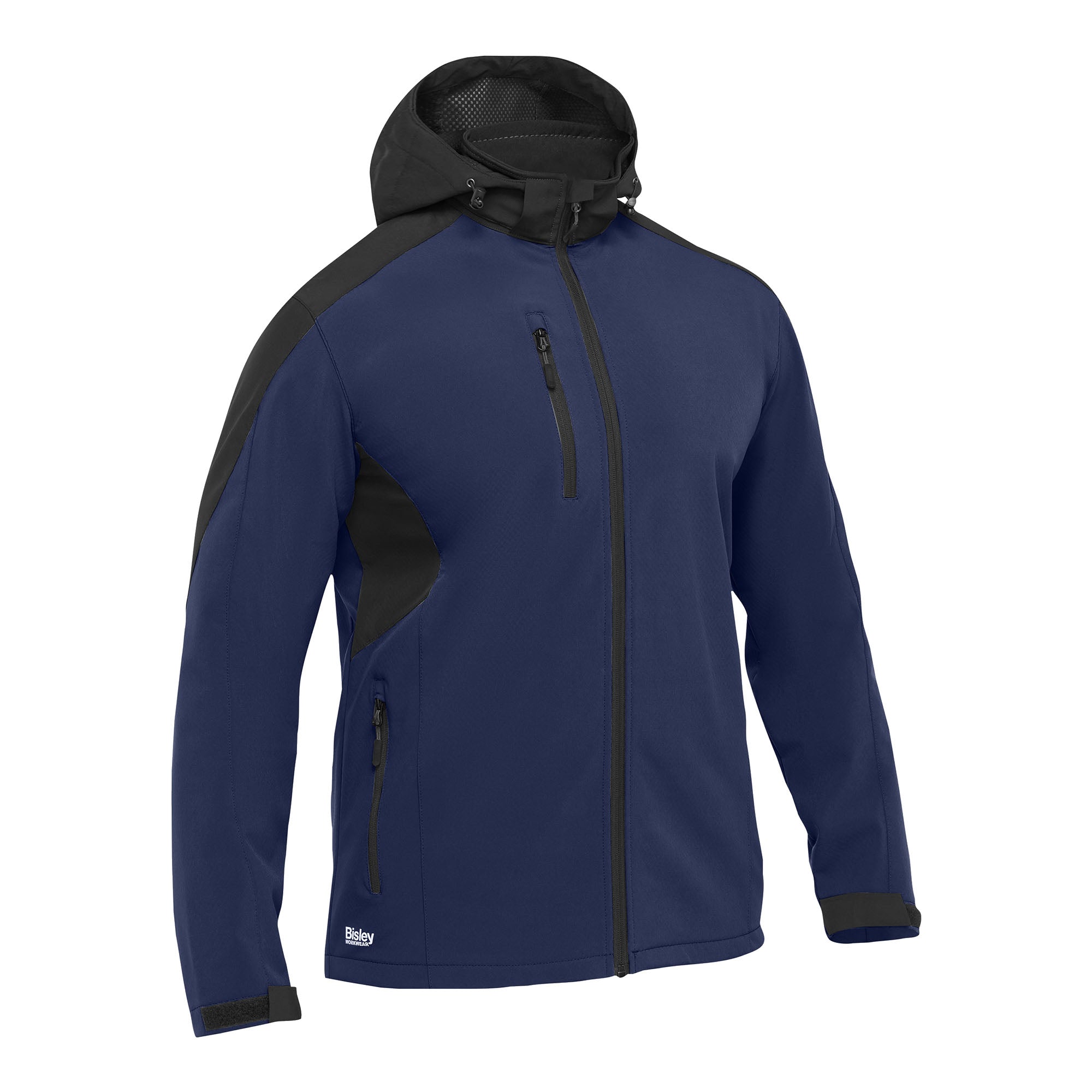 BISLEY Hicks Softshelljacke blau Vorderansicht (mit Kapuze) #farbe_blau