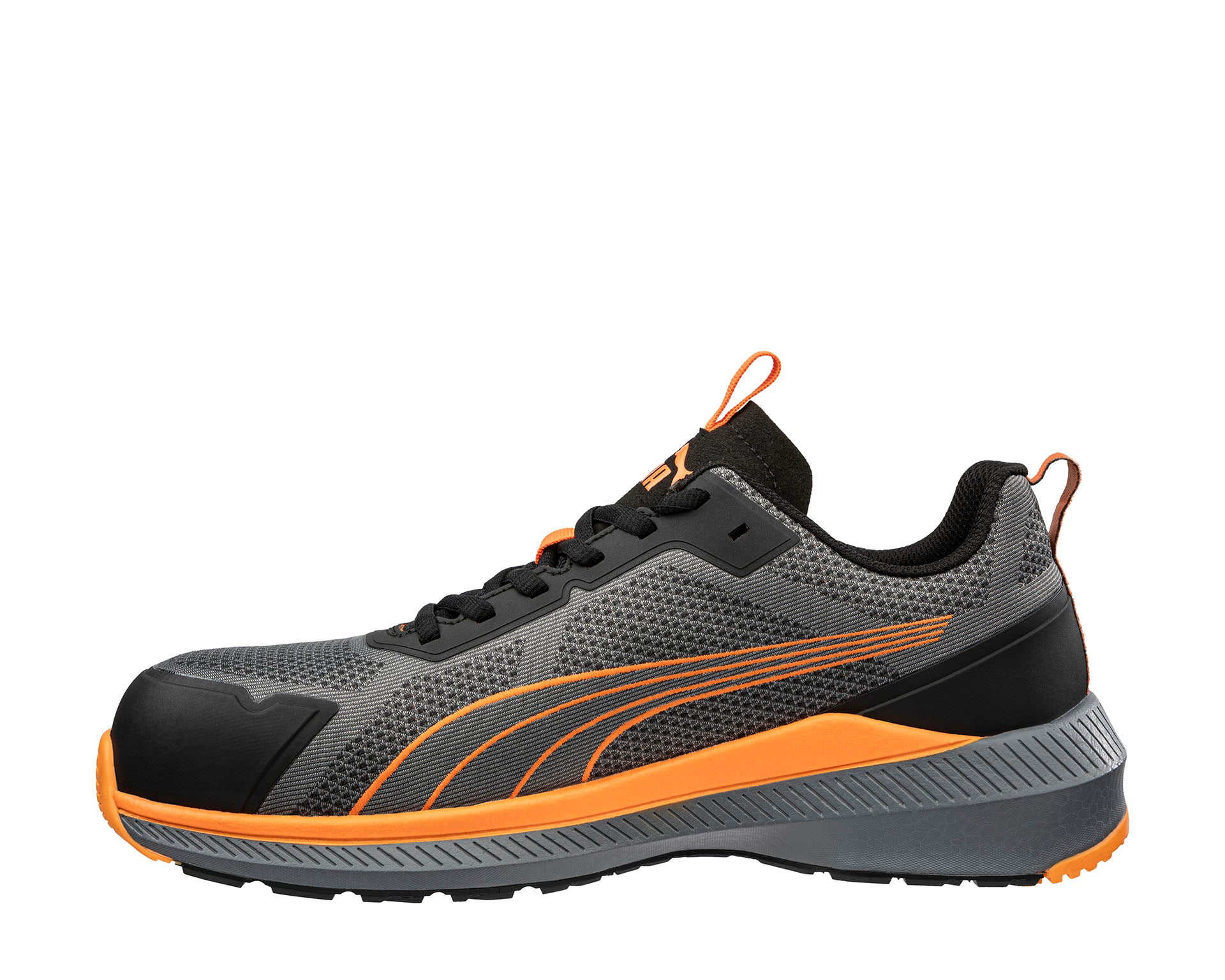 PUMA SAFETY SLIDE LOW Sicherheitsschuh S1PS ESD grau-orange Herren links #farbe_grau-orange