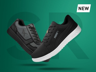 Zwei schwarze Sicherheitssneaker vor grünem Hintergrund mit großem „SR“-Schriftzug für Slip Resistant – links der "Squad ST" von Albatros mit dunkler Sohle, rechts der "Stellar" von Puma Safety mit weißer Sohle, daneben ein „NEW“-Label.